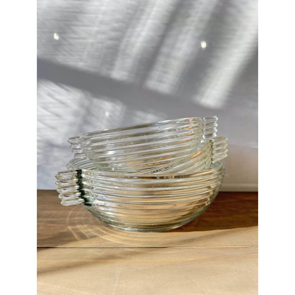 Vintage Anchor Hocking Ribbed Depression Glass Manhattan Serving Bowls